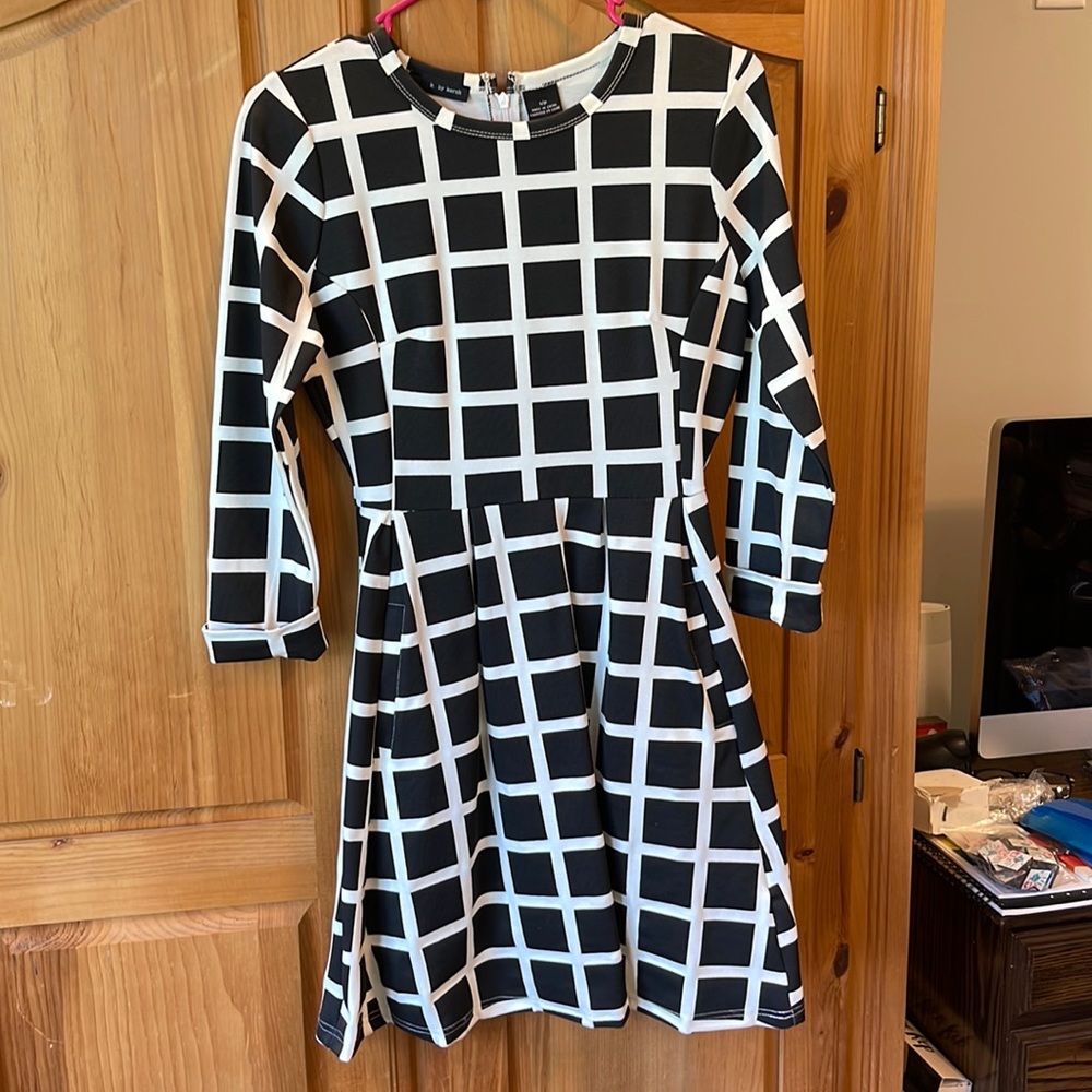 Black and white windowpane plaid skater dress